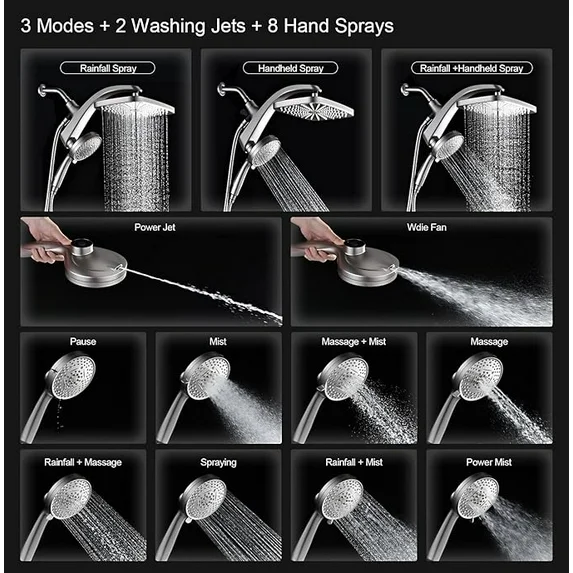KESTE High Pressure Rain Shower Head: Upgrade Shower Heads with Handheld Spray Combo with Fixed Showerhead & 10 Sprays Handheld, Detachable Shower head Built-in Magnetic Docking & Power Jets