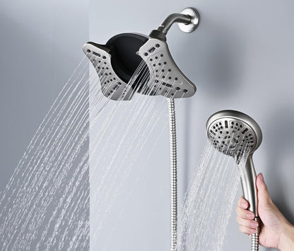 Shower Heads with Handheld Spray Combo: High Pressure Rain Shower Heads with Built-in Power Wash, 9 Mode Adjustable Dual Rainfall Showerhead with Anti-Clog Nozzles and Hose