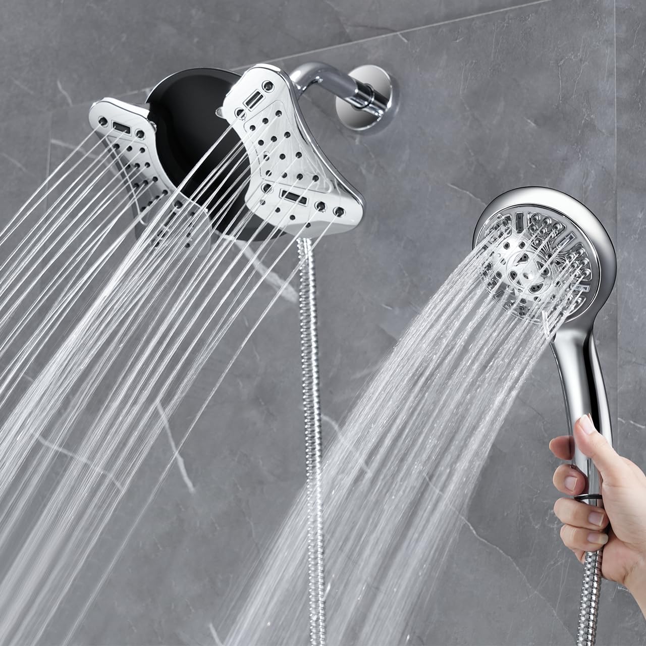 Shower Heads with Handheld Spray Combo: High Pressure Rain Shower Heads with Built-in Power Wash, 9 Mode Adjustable Dual Rainfall Showerhead with Anti-Clog Nozzles and Hose