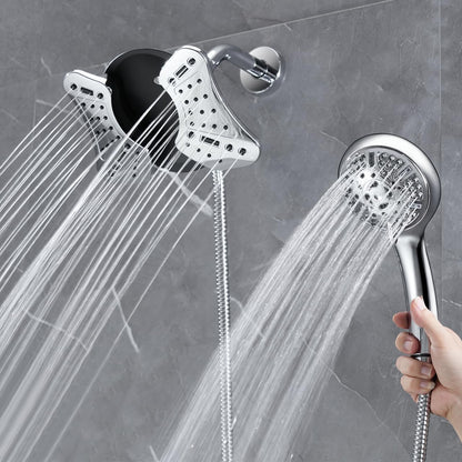 Shower Heads with Handheld Spray Combo: High Pressure Rain Shower Heads with Built-in Power Wash, 9 Mode Adjustable Dual Rainfall Showerhead with Anti-Clog Nozzles and Hose