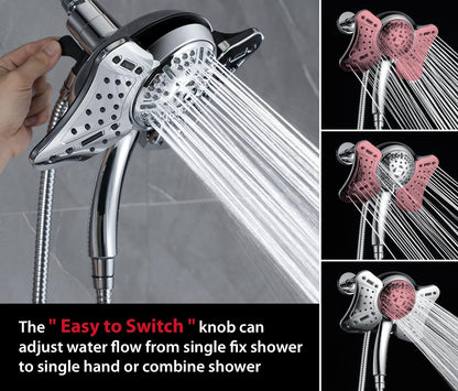 Shower Heads with Handheld Spray Combo: High Pressure Rain Shower Heads with Built-in Power Wash, 9 Mode Adjustable Dual Rainfall Showerhead with Anti-Clog Nozzles and Hose