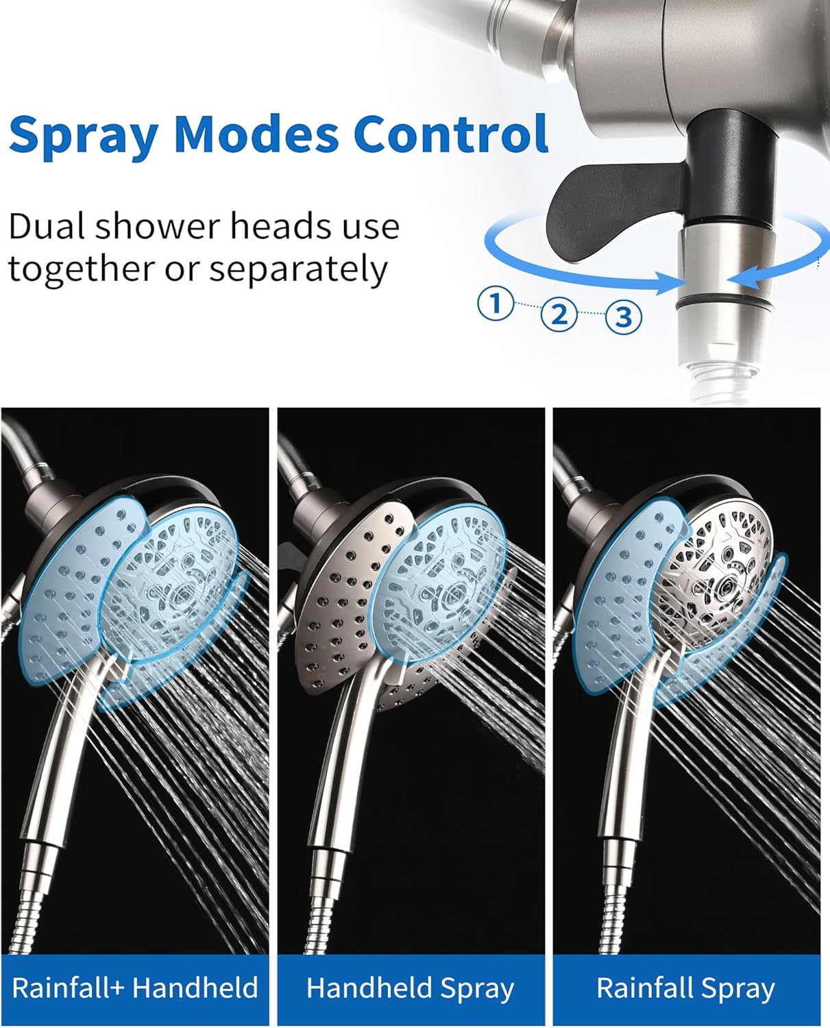 Shower Heads with Handheld Spray Combo: 7.2" Rainfall Shower Head & Handheld Shower Head 2-IN-1 Shower Head with 60" Rotatable Stainless Steel Hose Nickel, Shower Trim Systems
