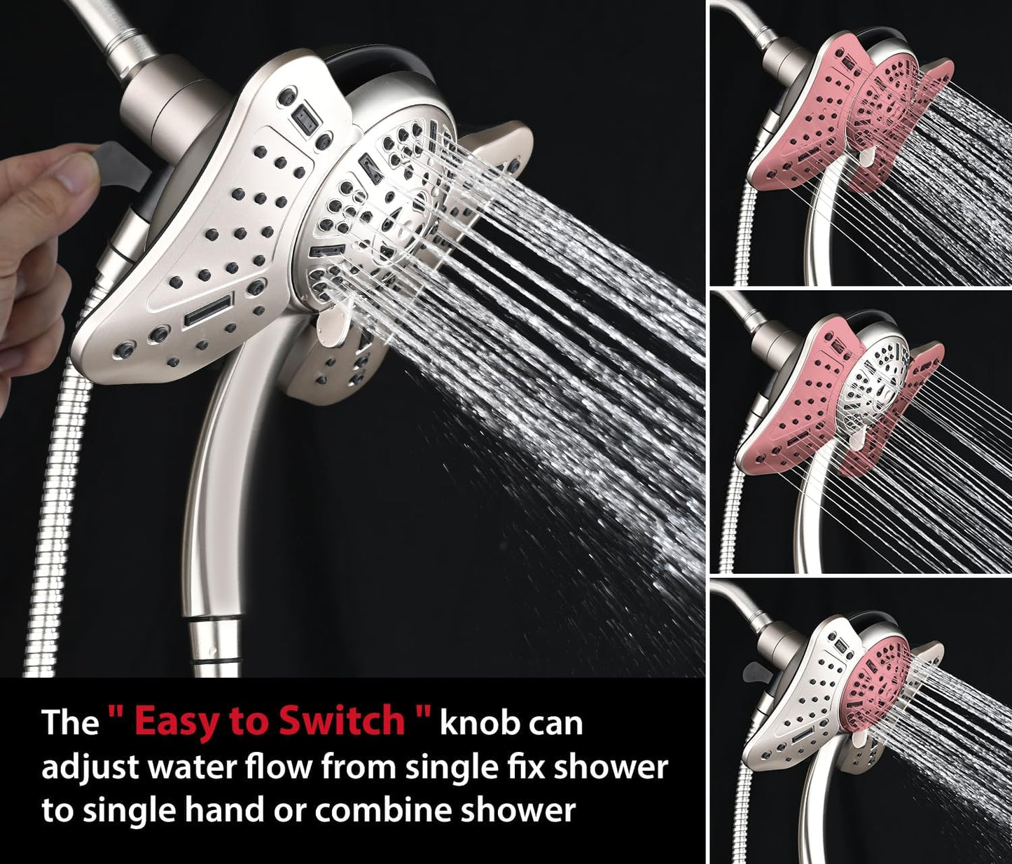 Shower Heads with Handheld Spray Combo: High Pressure Rain Shower Heads with Built-in Power Wash, 9 Mode Adjustable Dual Rainfall Showerhead with Anti-Clog Nozzles and Hose