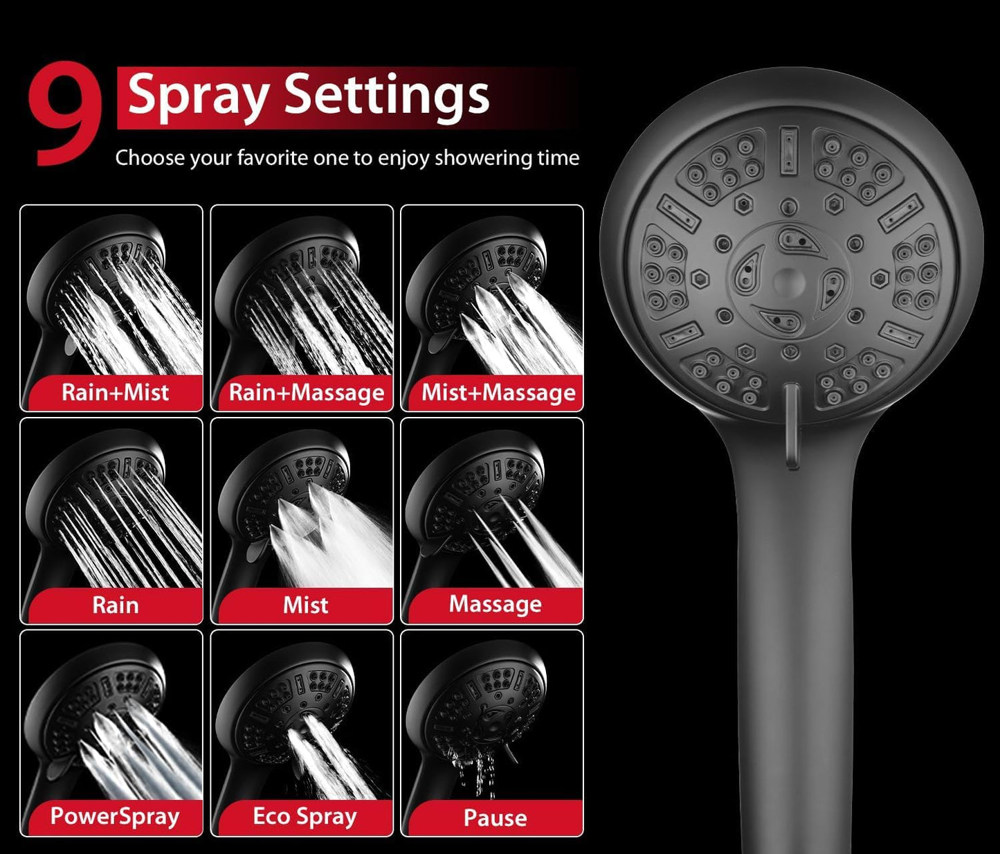 Shower Heads with Handheld Spray Combo: High Pressure Rain Shower Heads with Built-in Power Wash, 9 Mode Adjustable Dual Rainfall Showerhead with Anti-Clog Nozzles and Hose
