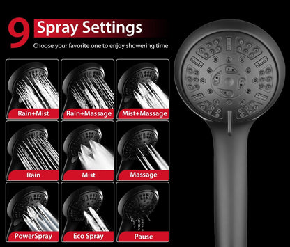 Shower Heads with Handheld Spray Combo: High Pressure Rain Shower Heads with Built-in Power Wash, 9 Mode Adjustable Dual Rainfall Showerhead with Anti-Clog Nozzles and Hose