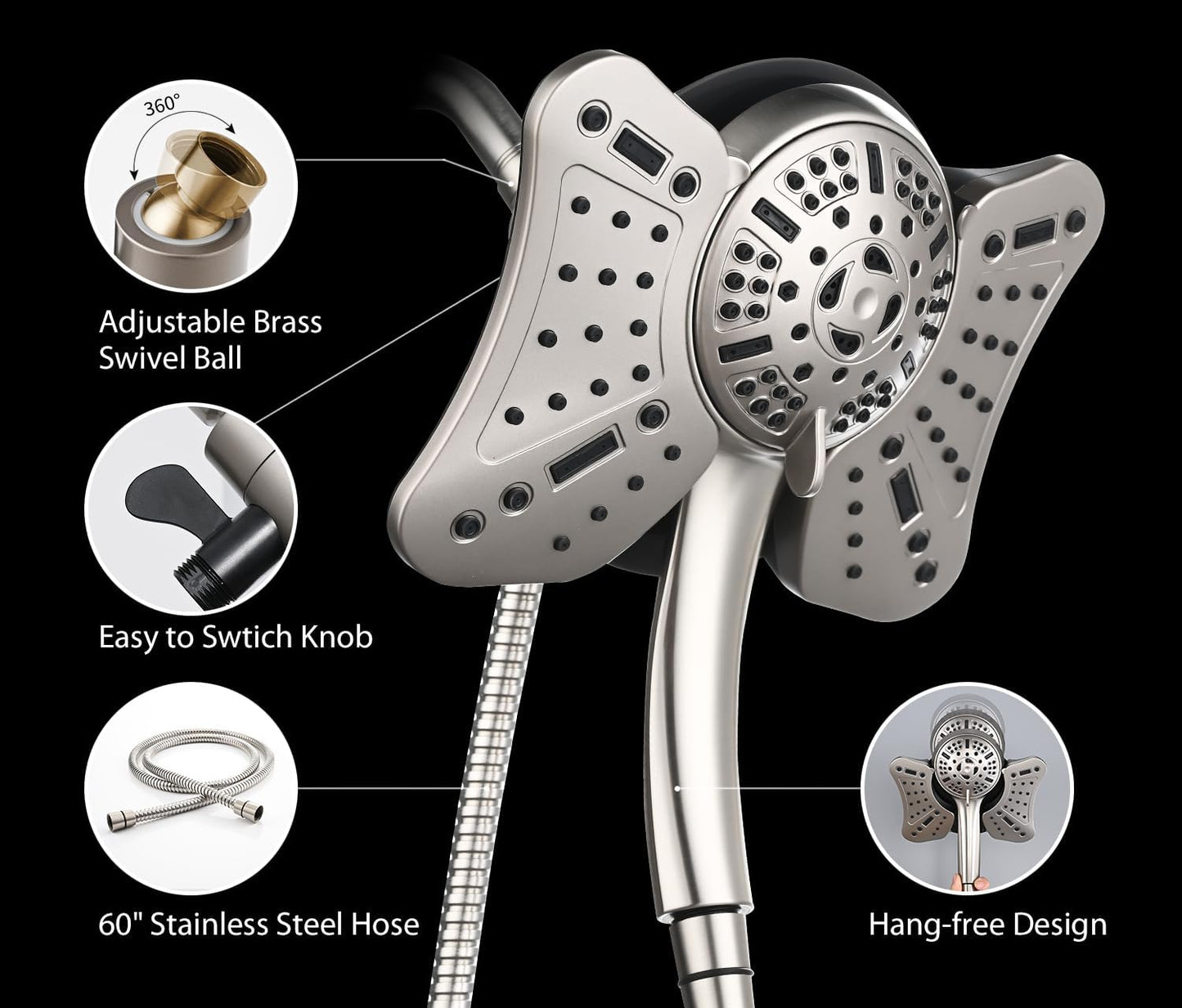 Shower Heads with Handheld Spray Combo: High Pressure Rain Shower Heads with Built-in Power Wash, 9 Mode Adjustable Dual Rainfall Showerhead with Anti-Clog Nozzles and Hose