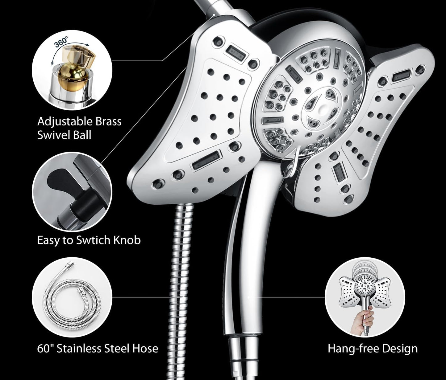 Shower Heads with Handheld Spray Combo: High Pressure Rain Shower Heads with Built-in Power Wash, 9 Mode Adjustable Dual Rainfall Showerhead with Anti-Clog Nozzles and Hose