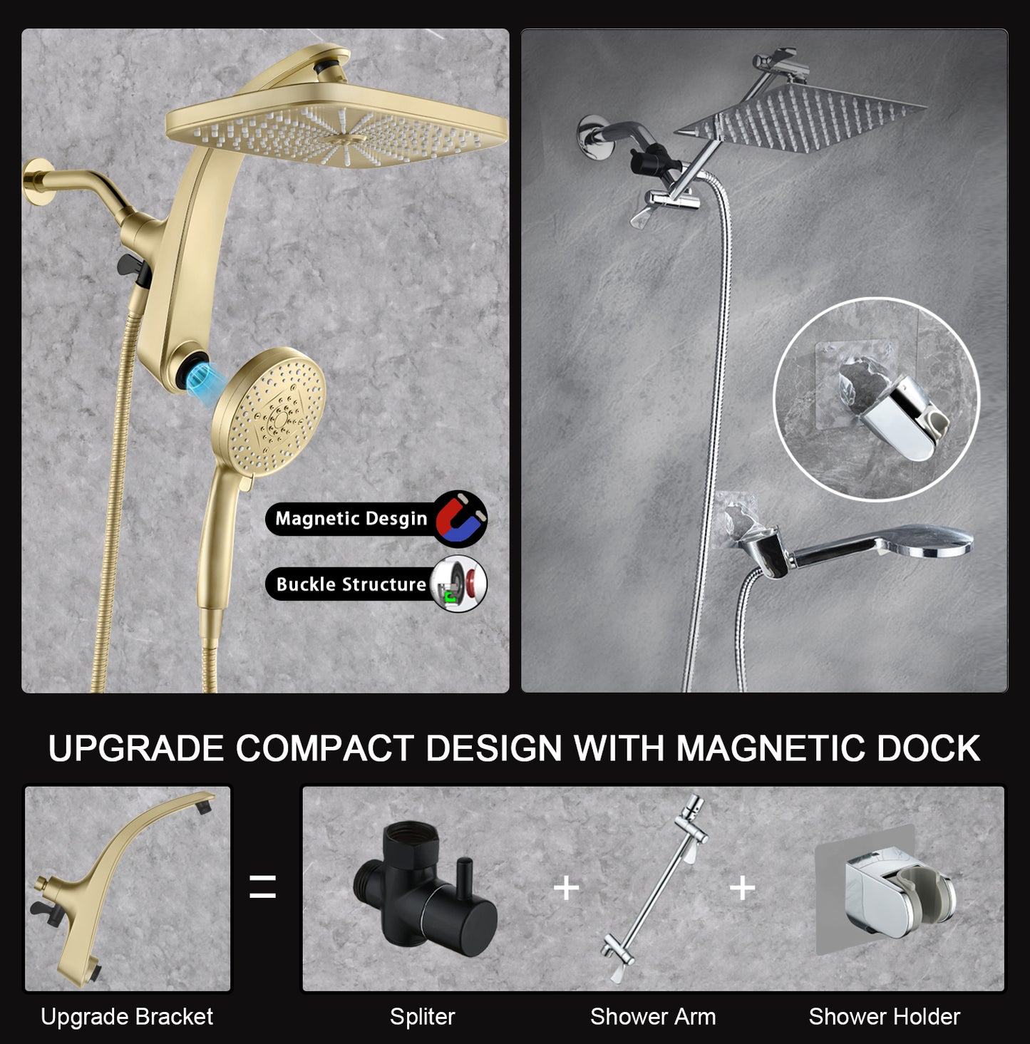 KESTE High Pressure Rain Shower Head: Upgrade Shower Heads with Handheld Spray Combo with Fixed Shower head & 10 Sprays Handheld, Detachable Shower head Built-in Magnetic Docking & Power Jets