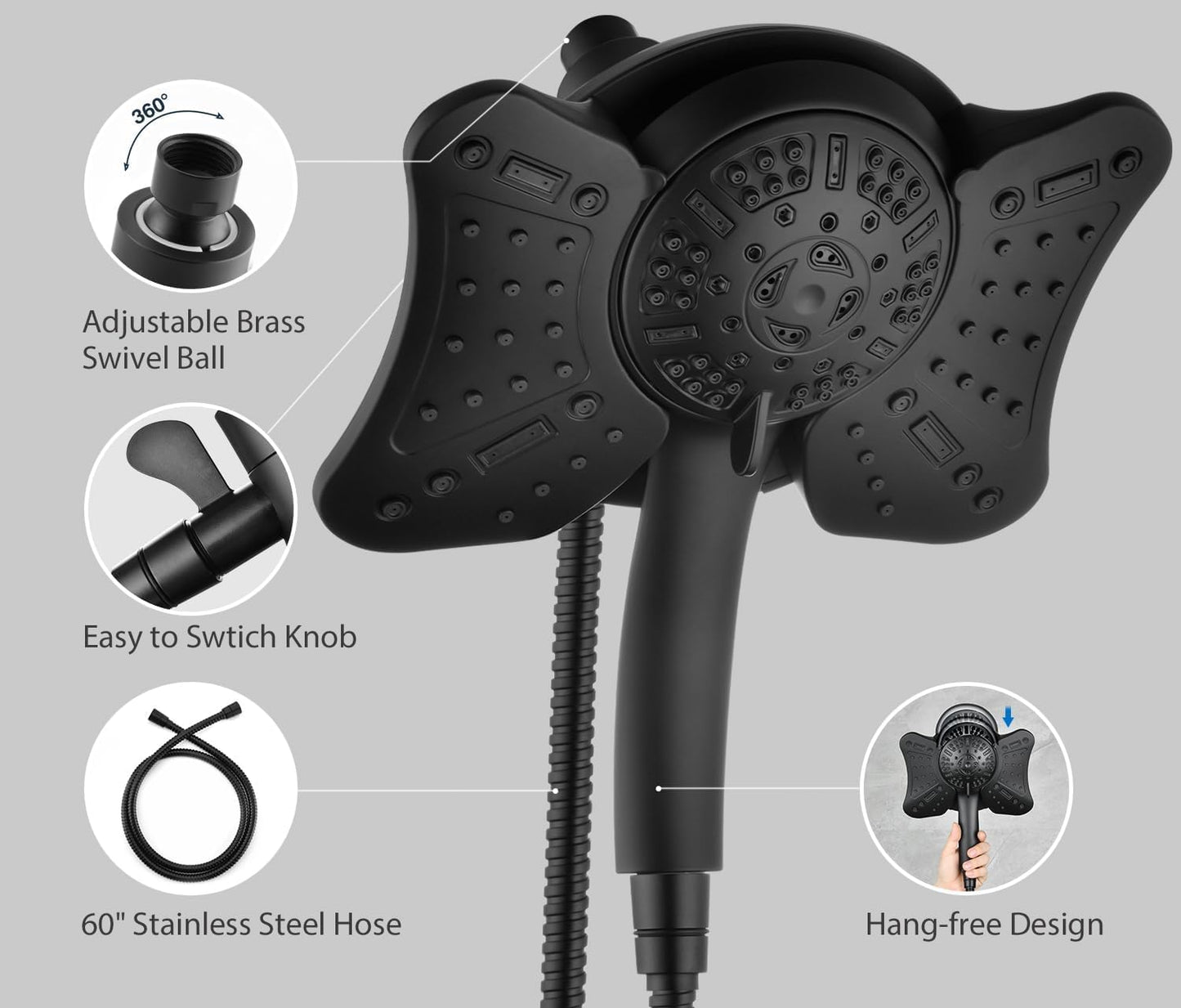 Shower Heads with Handheld Spray Combo: High Pressure Rain Shower Heads with Built-in Power Wash, 9 Mode Adjustable Dual Rainfall Showerhead with Anti-Clog Nozzles and Hose