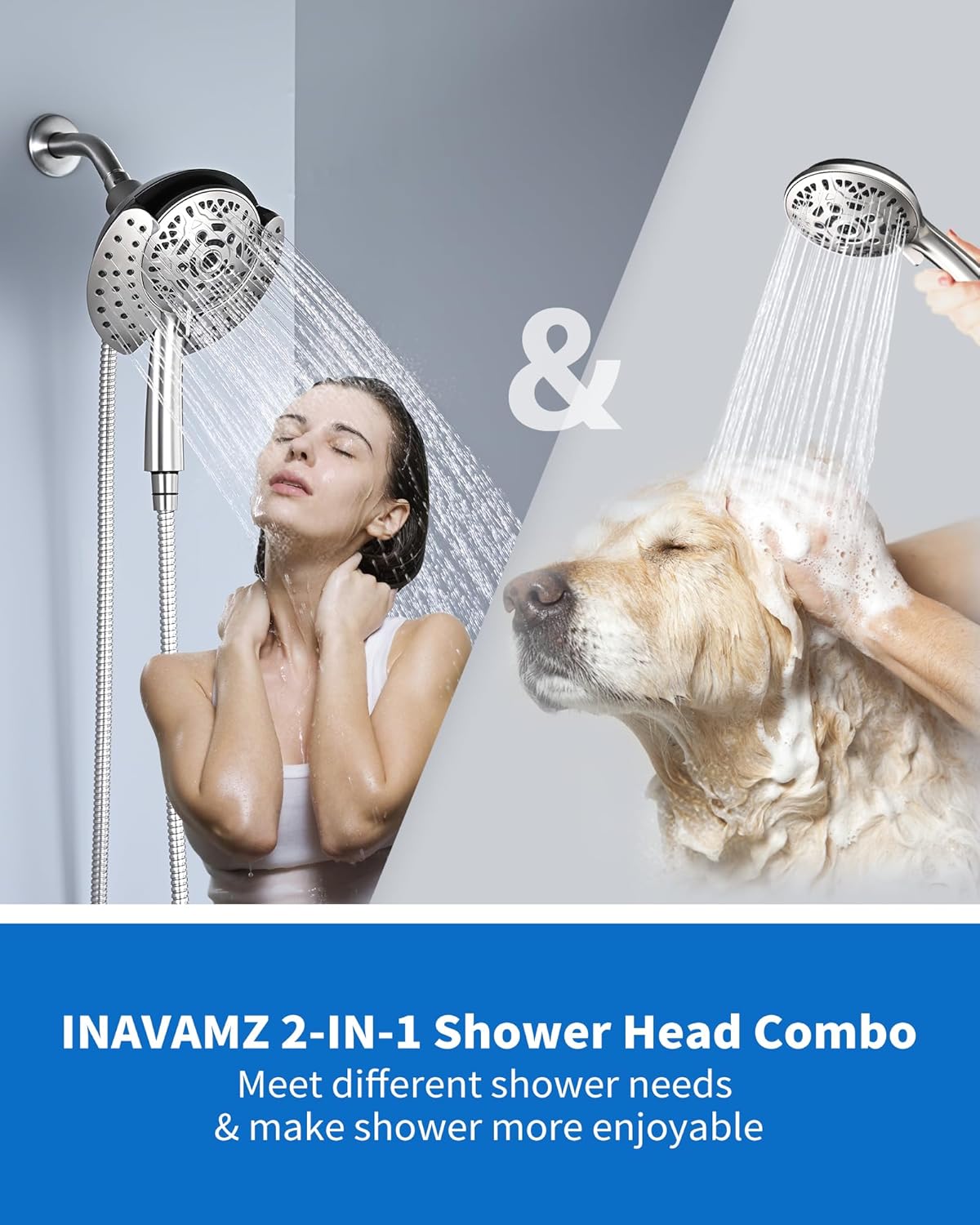 Shower Heads with Handheld Spray Combo: 7.2" Rainfall Shower Head & Handheld Shower Head 2-IN-1 Shower Head with 60" Rotatable Stainless Steel Hose Nickel, Shower Trim Systems
