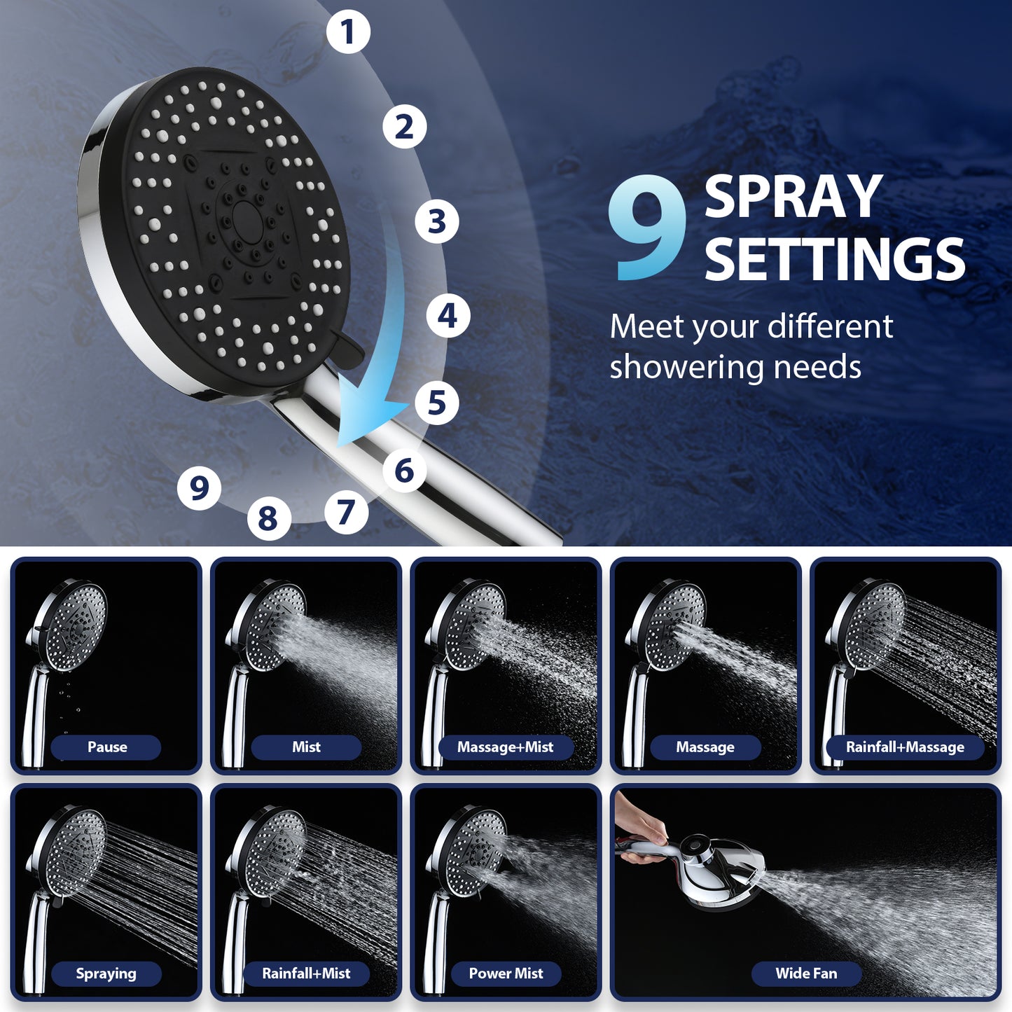 KESTE 12 Inch Shower Head with Handheld Combo, High Pressure Rainfall Showerhead with 9 Modes Handheld Shower, Magnetic Docking, Adjustable Dual Shower Heads for Bathroom, Silver Chrome