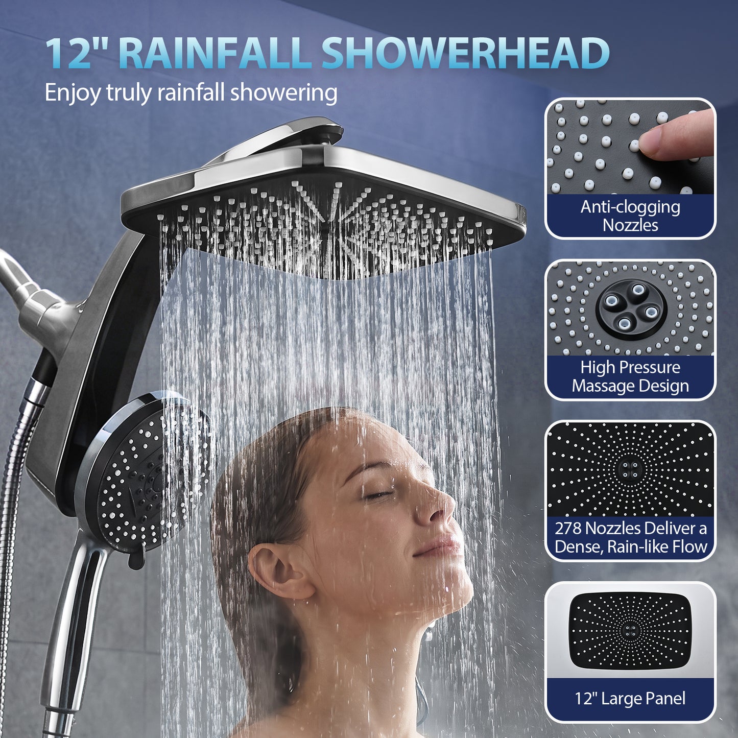 KESTE 12 Inch Shower Head with Handheld Combo, High Pressure Rainfall Showerhead with 9 Modes Handheld Shower, Magnetic Docking, Adjustable Dual Shower Heads for Bathroom, Silver Chrome